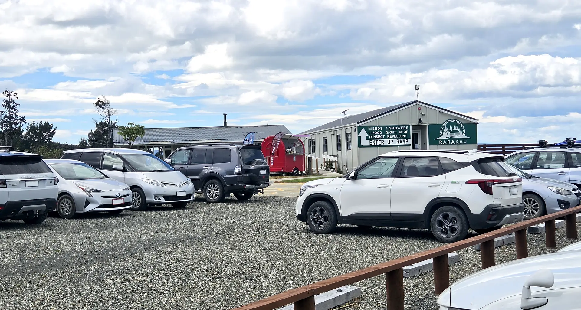 Rarakau Lodge car park at the end of Papatotara Coast Road