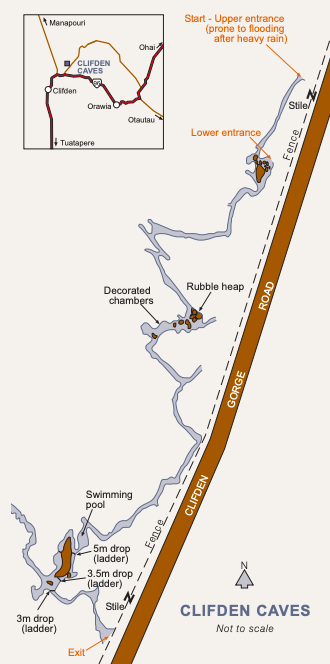 Map of the Clifden Caves passages, entrances and exits