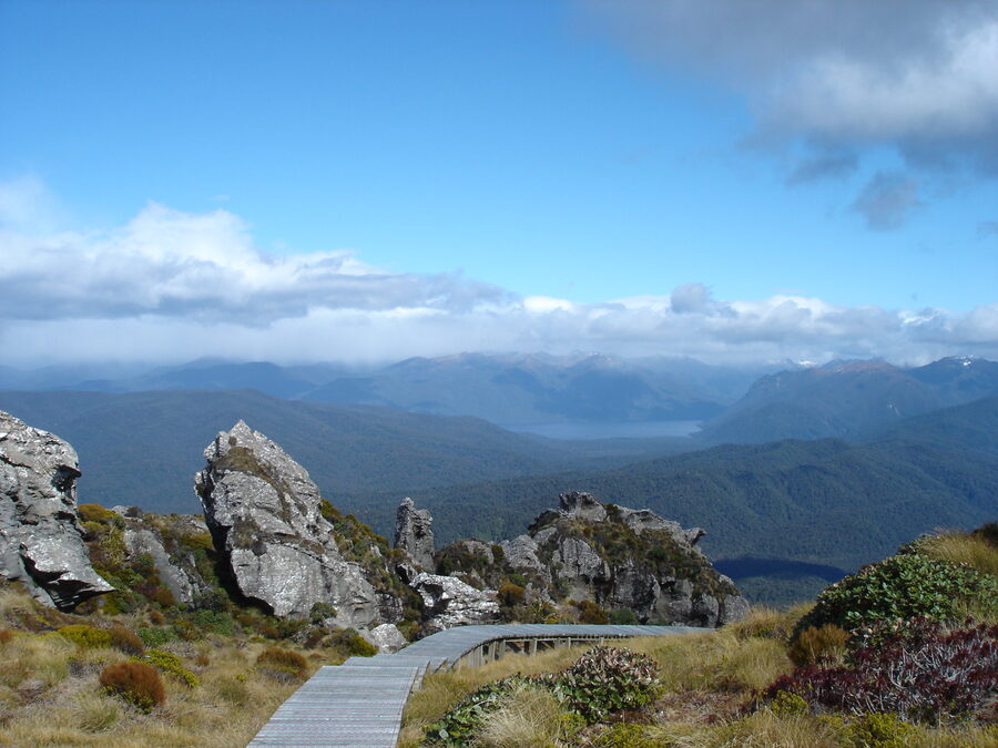 Boardwalk near Okaka Lodge, with Lake Poteriteri and Fiordland beyond