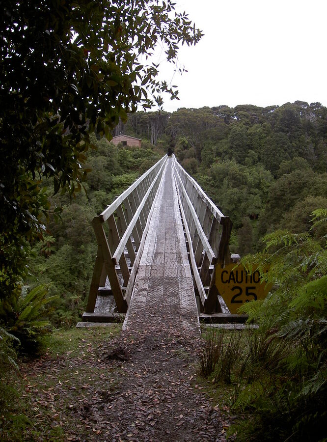 Crossing the Percy Burn Viaduct, the highest wooden viaduct in the world
