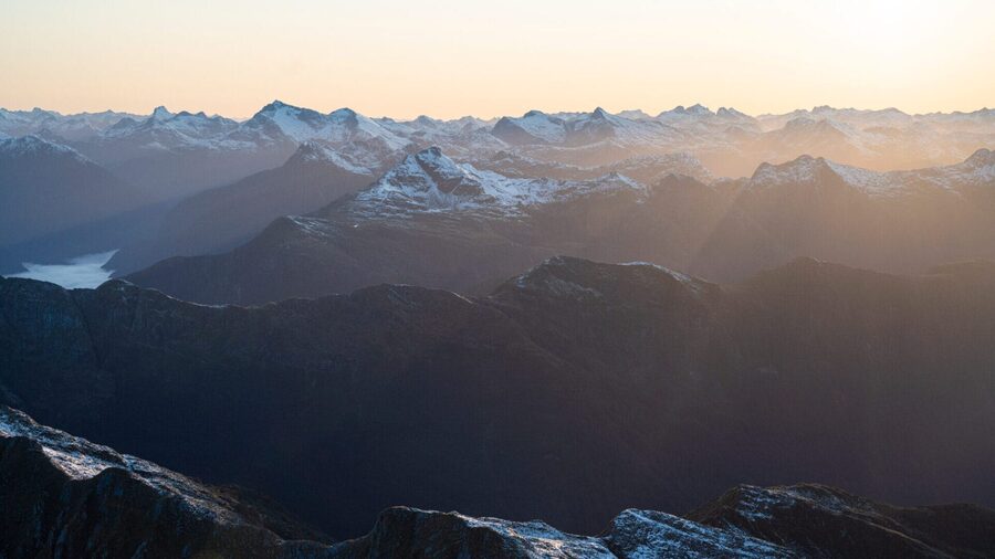 Fiordland ridgelines at sunset