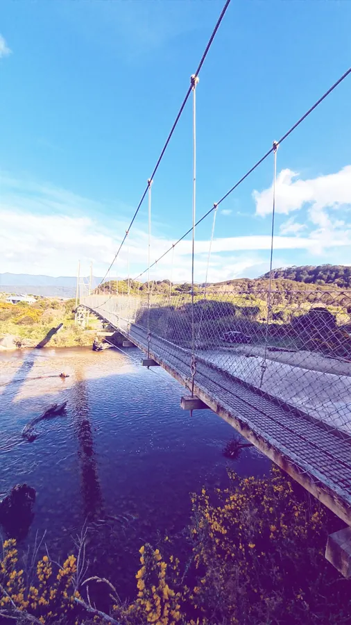 The swingbridge stretching out over the Waikoau River