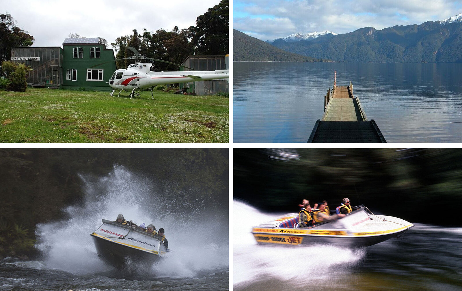 Waitutu Lodge, the jetty on Lake Hauroko, and jet boats throwing up spray on the Wairaurahiri River
