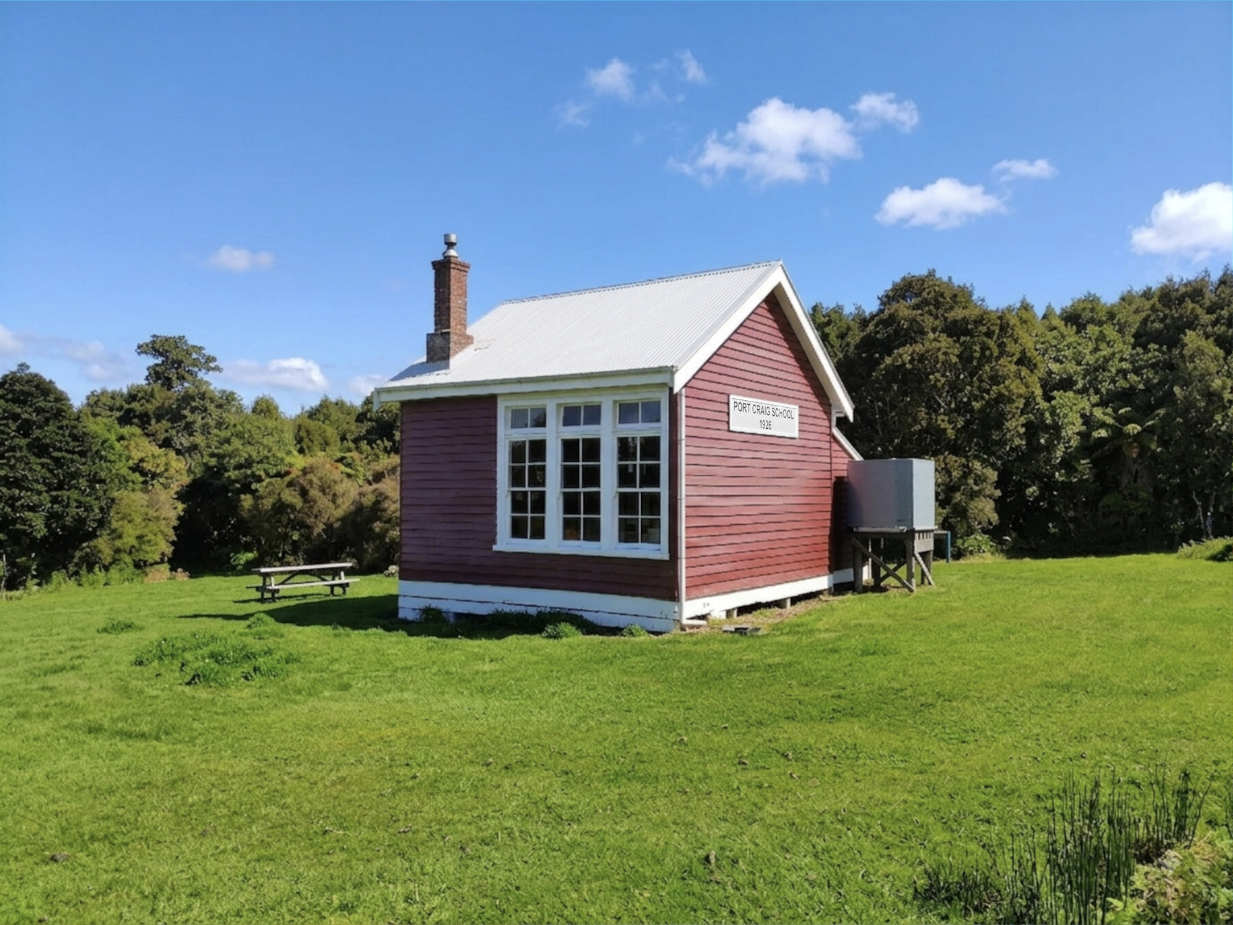Port Craig School Hut, a converted schoolhouse on the South Coast Track